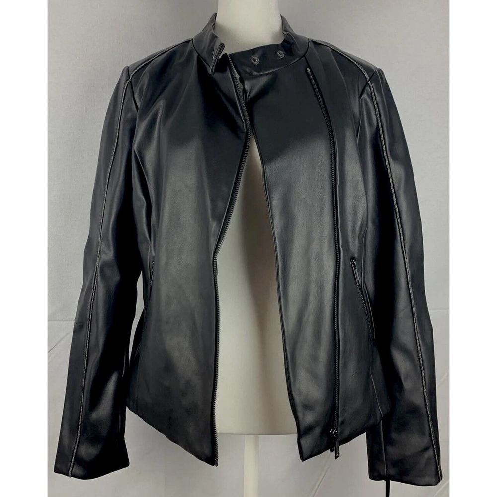 NWT DKNY Zip Front Faux Leather Moto Jacket Black W/ Tiny Metallic Detail Trim